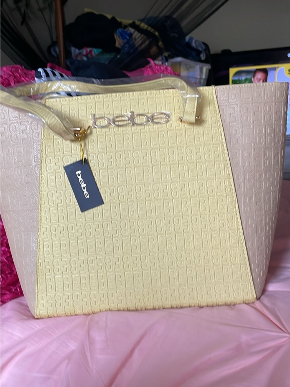 bebe Two-Tone Embossed Tote Bag in Pale Yellow and Light Nude